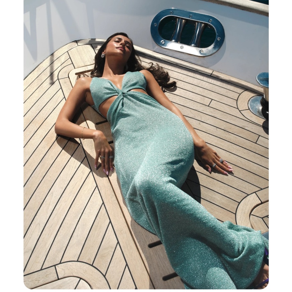 Meshki Mint Green Shimmer Cutout Maxi Dress